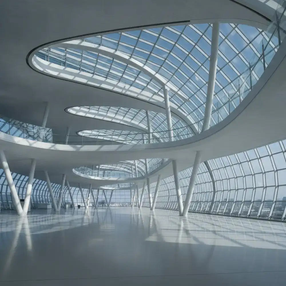 Abstract architectural lines reminiscent of modern airport terminals
