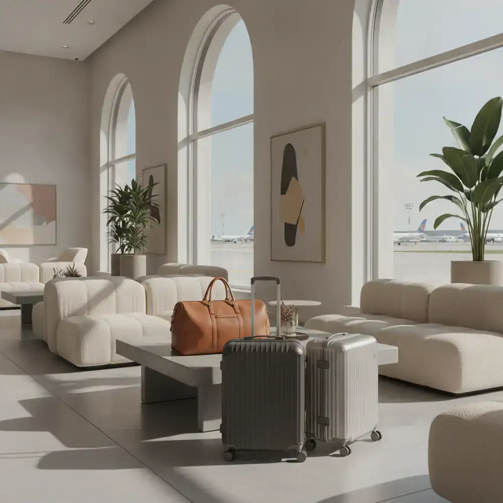 Premium CleverGuide luggage positioned in a modern airport lounge