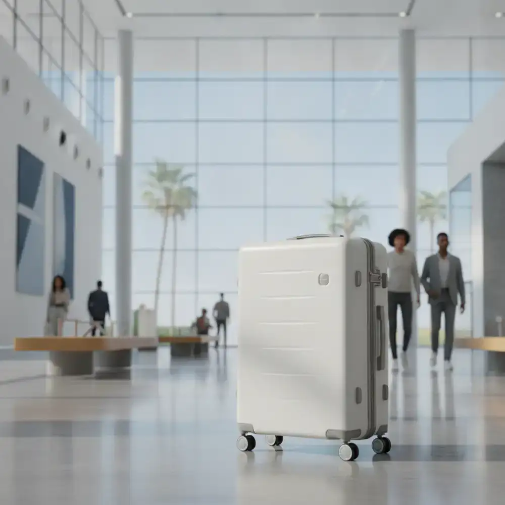 Modern CleverGuide luggage standing in an airport terminal