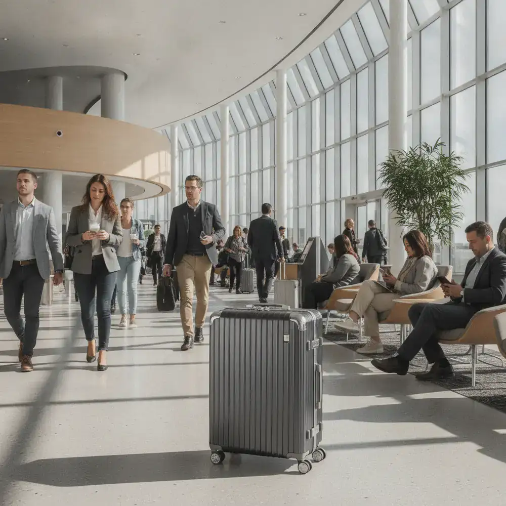 Modern luggage positioned in a busy airport departure lounge